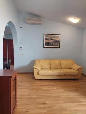 a living room with a couch in a room at Plava Vila Beach Apartments Sveti Stefan in Sveti Stefan