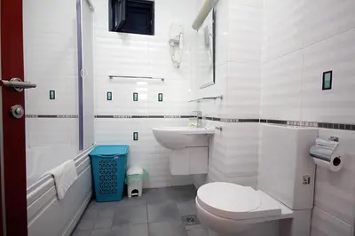a white bathroom with a toilet and a sink at Plava Vila Beach Apartments Sveti Stefan in Sveti Stefan