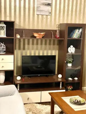 a living room with a entertainment center with a flat screen tv at City center 34 in Podgorica