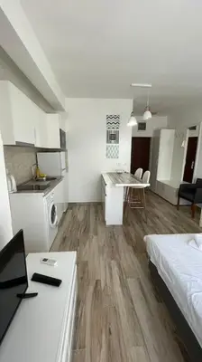 a small room with a kitchen and a bed and a table at Sunny Studio in Bečići in Budva