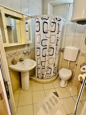 a bathroom with a sink and a toilet and a shower curtain at Guest House Djakonovic in Ulcinj