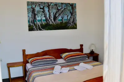 a bedroom with a bed with a painting on the wall at Guest House Djakonovic in Ulcinj