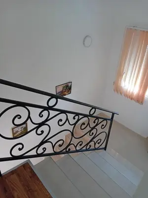 a staircase with a wrought iron railing and two windows at Dara Apartmani in Donji Štoj
