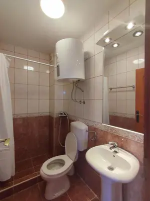 a bathroom with a toilet and a sink and a mirror at Mali apartman in Podličak