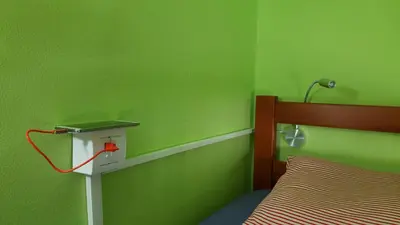 a green bedroom with a bed and a green wall at Explorer Podgorica in Podgorica