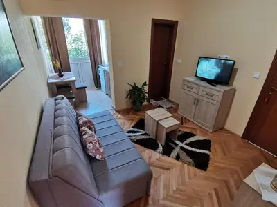 a living room with a couch and a television at Apartments Abramovic in Sutomore