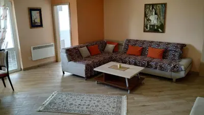 a living room with a couch and a table at Apartments Abramovic in Sutomore