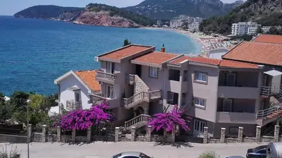 a building with purple flowers in front of a beach at Apartments Abramovic in Sutomore