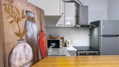 a kitchen with a painting of a woman on the wall at Incanto Adriatiko in Bar