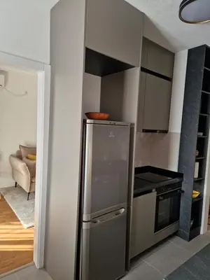 a kitchen with a stainless steel refrigerator and a stove at Rosemary in Podgorica