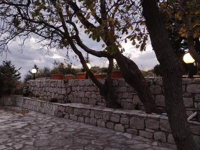 a stone wall with two trees in front of it at Cliff House in Budva
