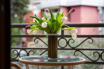 a vase with flowers on a table on a balcony at Maslina Residence in Budva