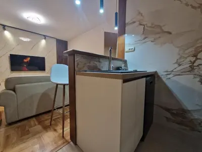 a kitchen with a sink and a couch in a room at City Haven Deluxe in Podgorica