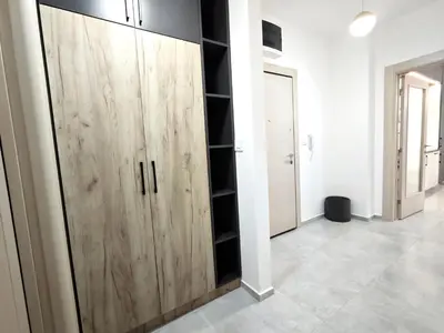 a room with a large wooden closet with black shelves at Apartman Podgorica Vlado 1 in Podgorica