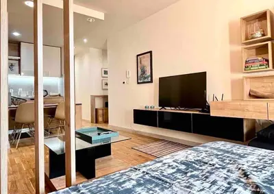 a living room with a bed and a flat screen tv at Studio 38 - Modern Studio in Budva in Budva