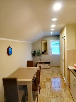 a kitchen and dining room with a table and chairs at INO Apartments in Tivat