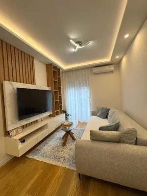 a living room with a couch and a flat screen tv at Stan AP Central Podgorica in Podgorica