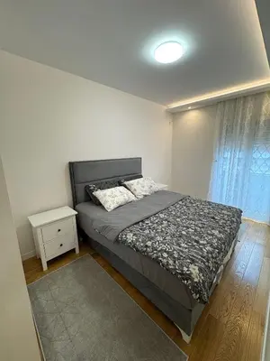 a bedroom with a bed and a nightstand and a bed sidx sidx sidx sidx at Stan AP Central Podgorica in Podgorica