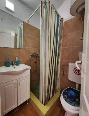 a bathroom with a shower and a sink and a toilet at Apartments Ksenija in Kotor