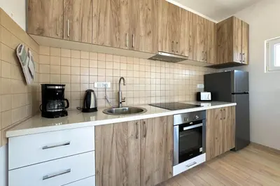 a kitchen with wooden cabinets and a sink and a refrigerator at Penthouse Sunce in Dobra Voda