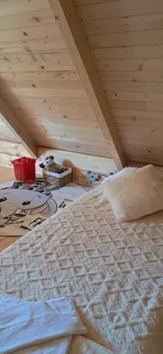 a attic room with a bed and a wooden ceiling at Woodhouse Maja in Virpazar