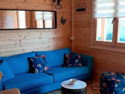 a blue couch in a room with a table at Woodhouse Maja in Virpazar