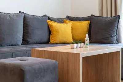 a living room with a couch and a coffee table at Sun and Sea Apartments in Budva