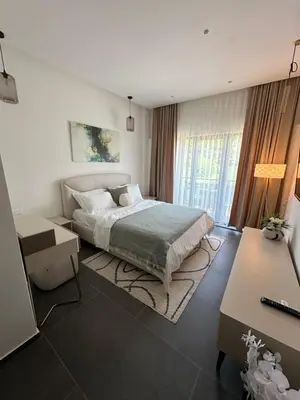 a bedroom with a bed and a desk in a room at Avio Apartments in Podgorica