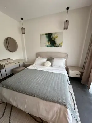 a bedroom with a large bed with a gray comforter at Avio Apartments in Podgorica