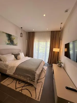 a bedroom with a bed and a desk and a television at Avio Apartments in Podgorica