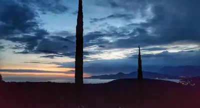 two tall trees in front of a sunset at Villa Symphony apartments Kotor Tivat in Kotor