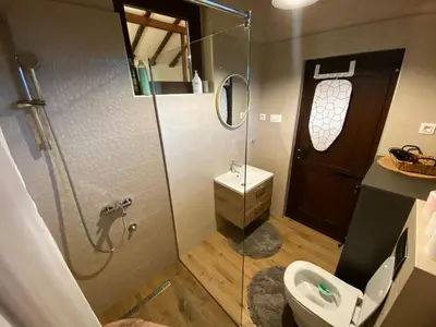 a bathroom with a shower and a toilet and a sink at Cevna River in Podgorica