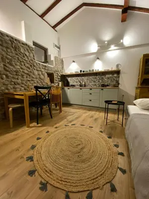 a room with a bed and a table and a kitchen at Cevna River in Podgorica