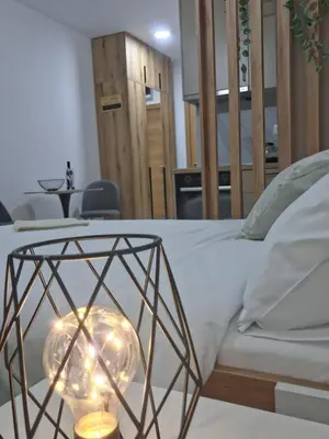 a bedroom with a bed with a lamp on it at Ella Lux Apartment in Podgorica