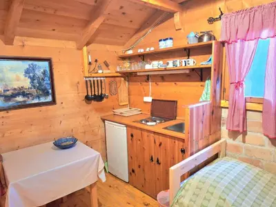a kitchen in a log cabin with a sink and a counter at Eko apartments Drvljanik in Kaluđerac