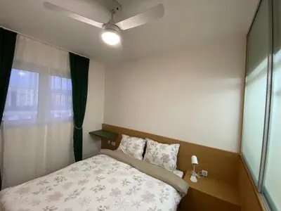 a bedroom with a bed and a ceiling fan at Cozy one bedroom apartment in Podgorica