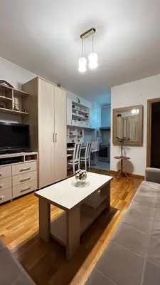 a living room with a table and a couch at Sunrise apartment in Podgorica