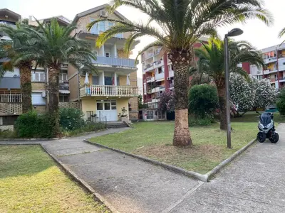a scooter parked next to a palm tree in front of a building at Kali in Budva