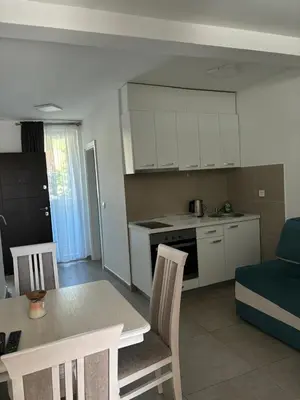 a kitchen and living room with a table and chairs at Aleksandar in Budva