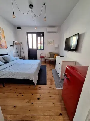 a bedroom with a large bed and a television at Cozy City Centar Studio in Podgorica