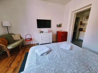 a bedroom with a bed and a tv and a couch at Cozy City Centar Studio in Podgorica