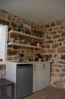 a kitchen with a sink and a stone wall at Etno House Mali Grm in Bar