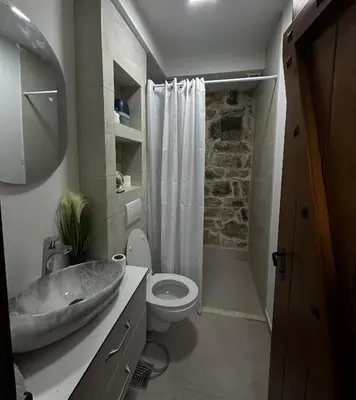 a bathroom with a sink and a toilet and a shower at Etno House Mali Grm in Bar