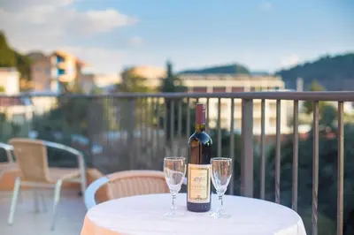 a bottle of wine sitting on a table with two glasses at Villa Nadezda in Petrovac na Moru