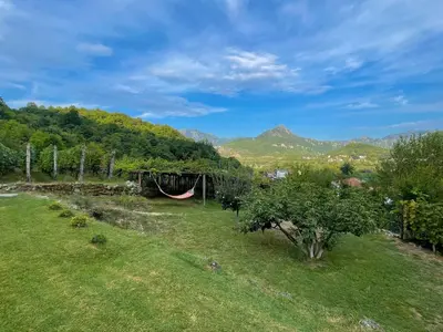 a hammock in a field with trees and mountains at Country House Djurisic in Virpazar