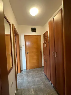 a room with a hallway with wooden cabinets and a door at Sunny Studio Podgorica in Podgorica