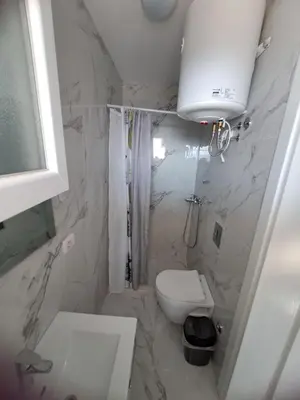 a white bathroom with a toilet and a shower at Apartments Nahla in Bar
