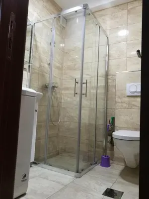 a shower stall in a bathroom with a toilet at Apartment Laura in Budva