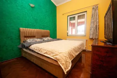 a bedroom with a bed with green walls and a window at Milic Apartmant with parking in Bar
