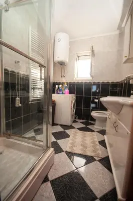 a bathroom with a shower and a sink and a toilet at Milic Apartmant with parking in Bar
